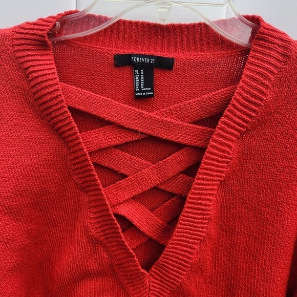 Forever 21 Red Lattice V-Neck A-line Long Sleeve Pullover Cropped Sweate… - Picture 3 of 8